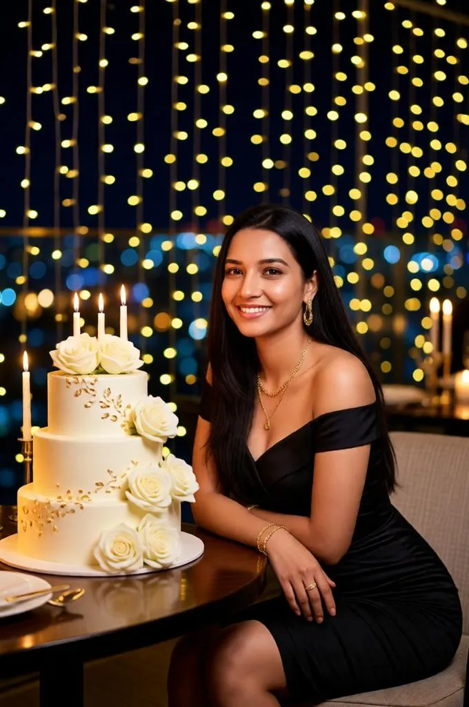 An elegant rooftop birthday dinner with a luxurious three-tier cake, candlelight, and sophisticated evening attire.
