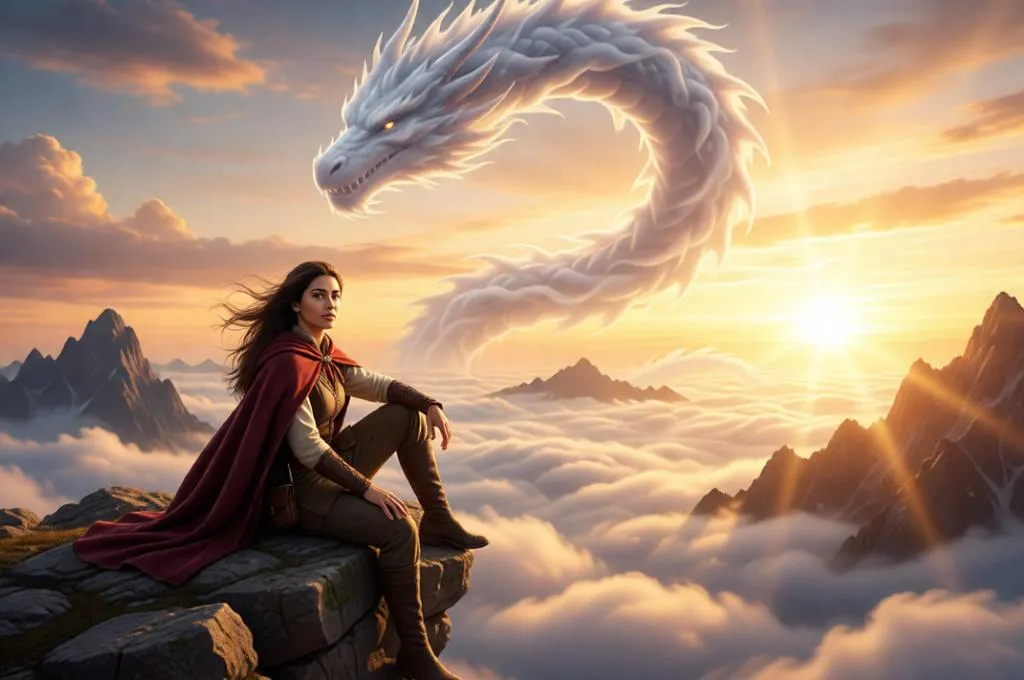 A fantasy explorer sits above a sea of clouds while a massive celestial dragon coils across a golden sunset sky.