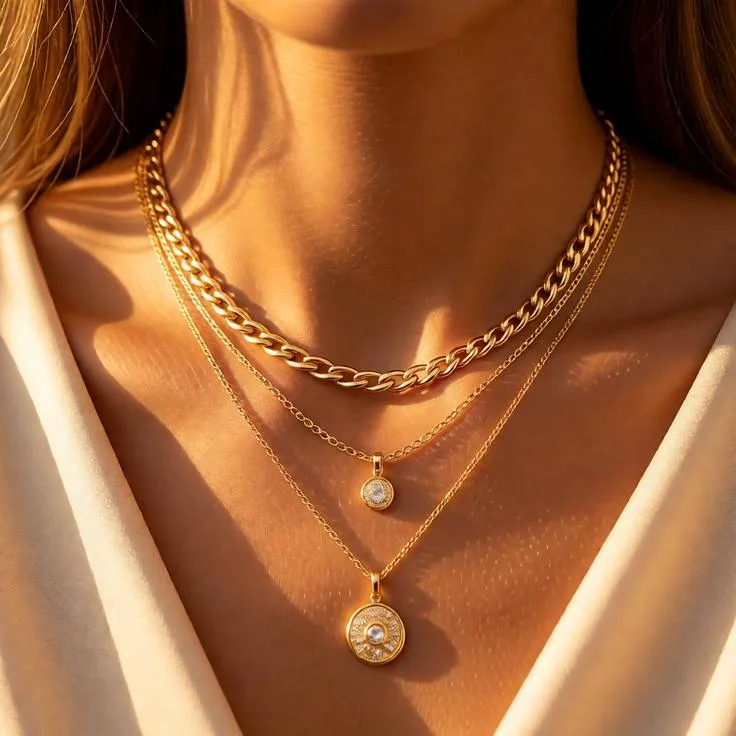 Layered gold necklaces, luxury lifestyle photography