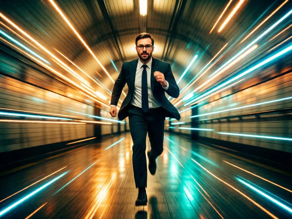 A man sprinting through a tunnel with speed blur.