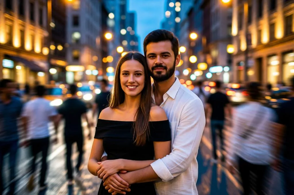 A couple standing still in a moving crowd.