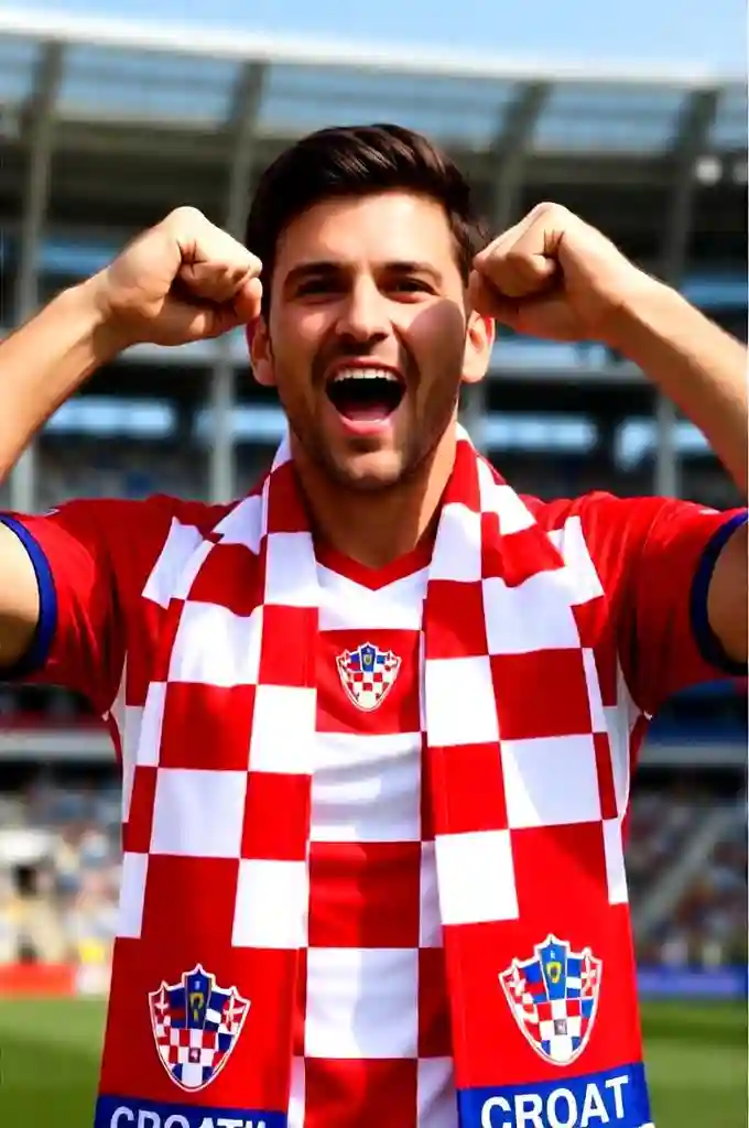 Croatia football fan cheering near a stadium.