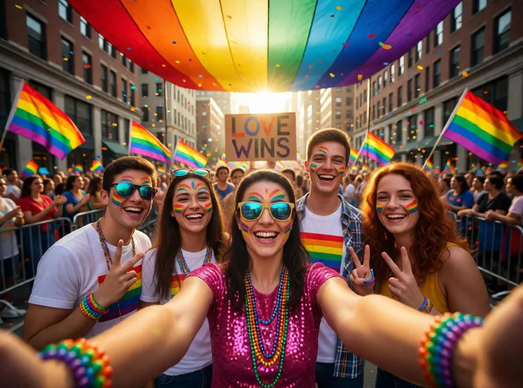Group selfie of friends celebrating at a Pride parade.