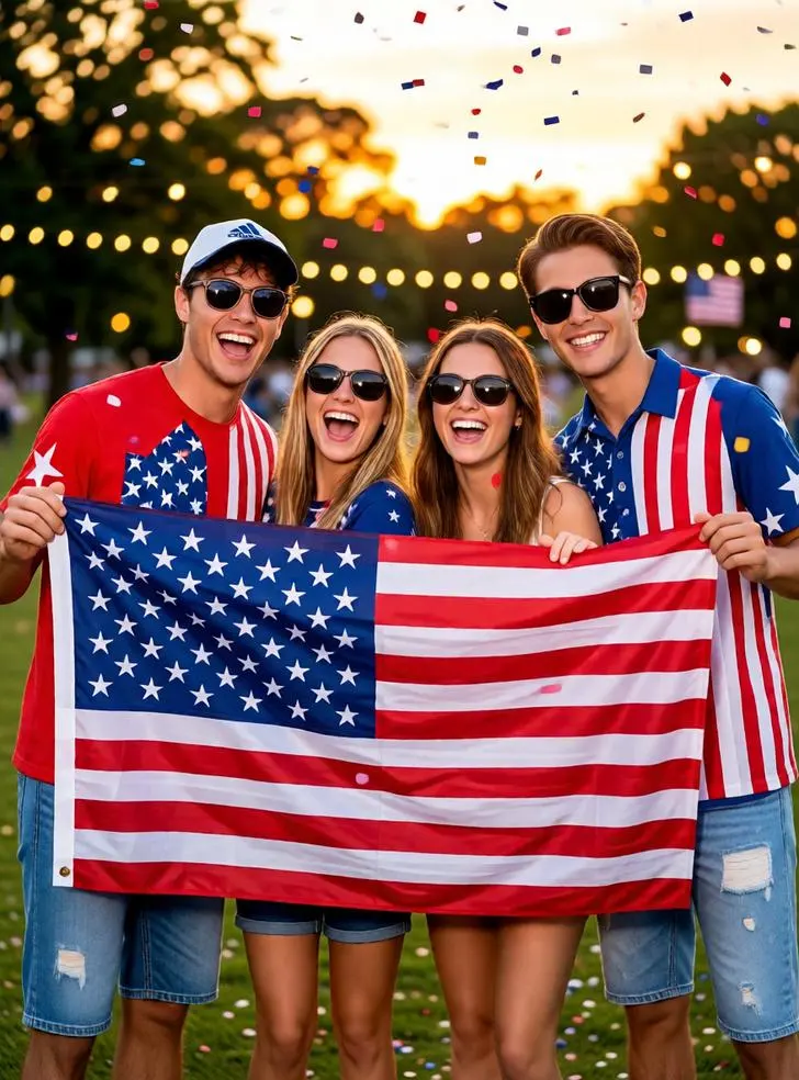 Friends are celebrating together with a large American flag.