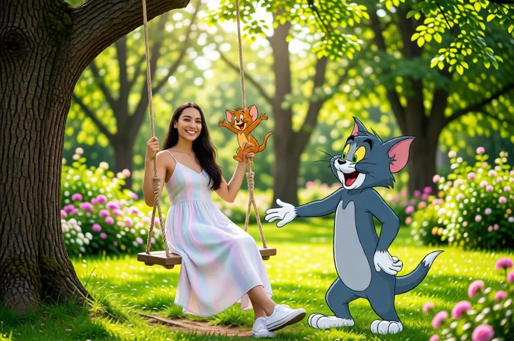 A young woman on a park swing with Tom and Jerry in a green garden.