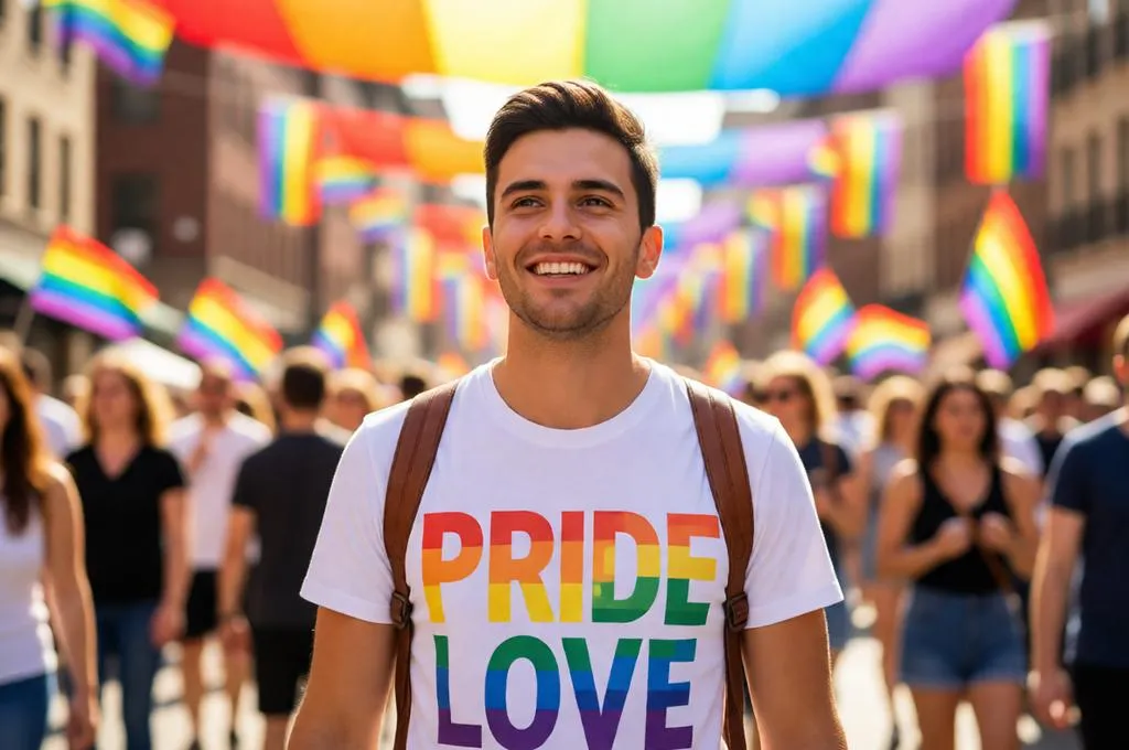 Smiling man in a PRIDE LOVE shirt at a Pride celebration.