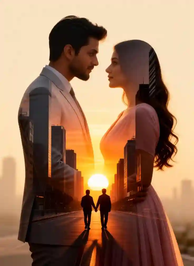 Romantic couple double-exposure with a city sunset.