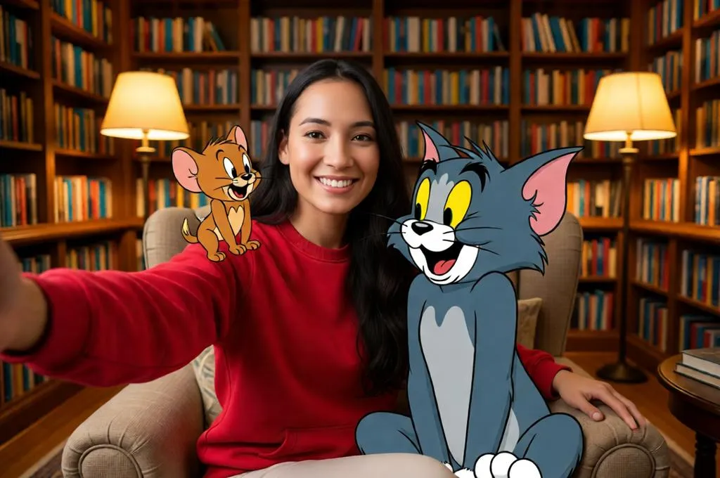 Woman taking a selfie with Tom and Jerry in a home library.