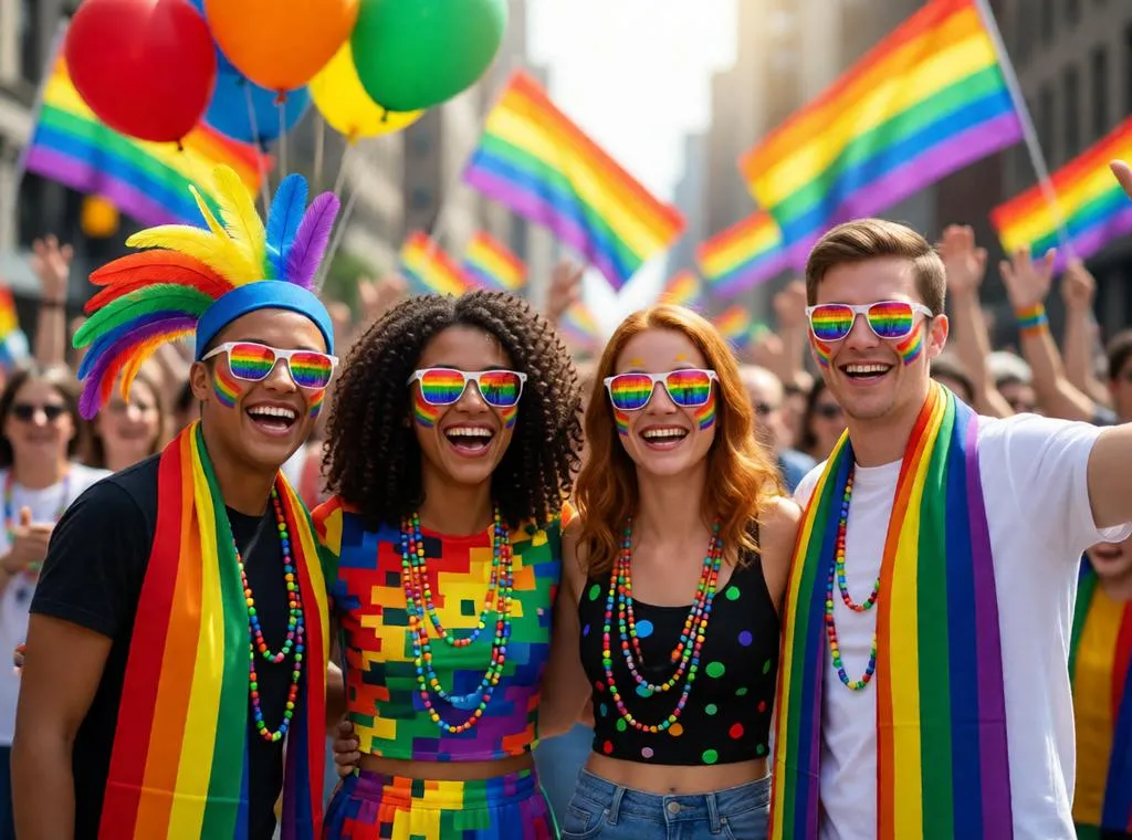 Group of friends posing together at a vibrant Pride celebration.