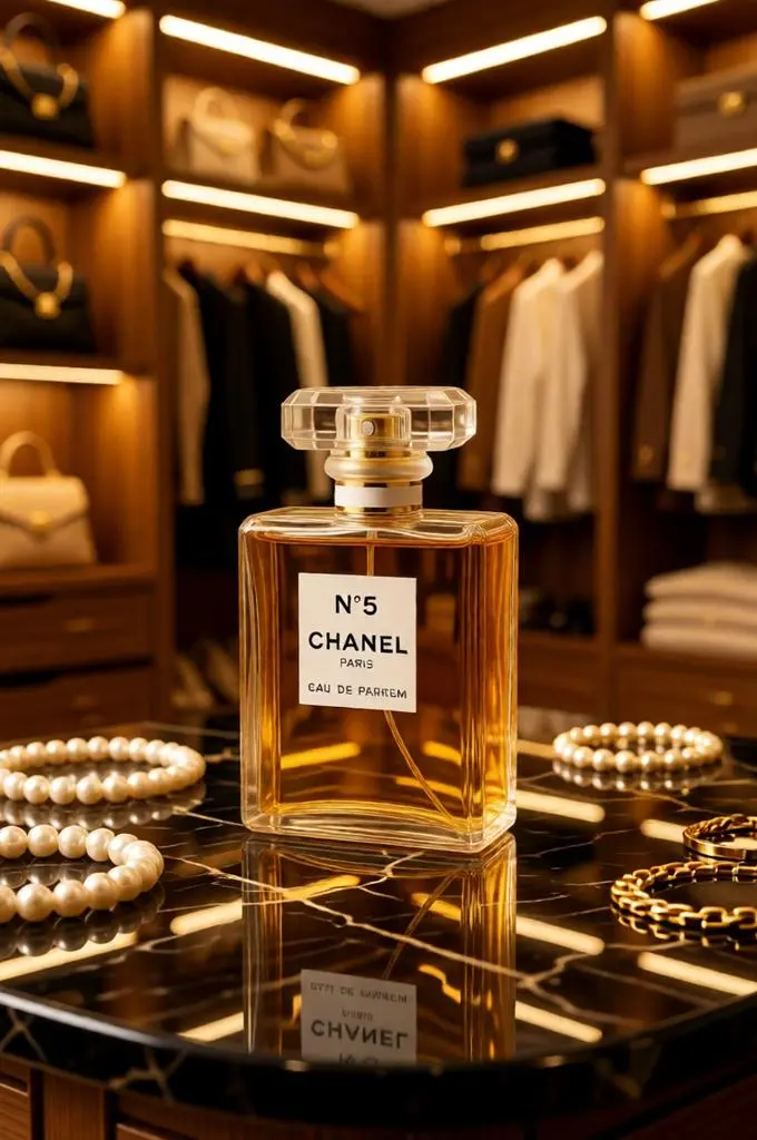 Luxury perfume bottle on black marble inside an elegant walk-in wardrobe with designer accessories.