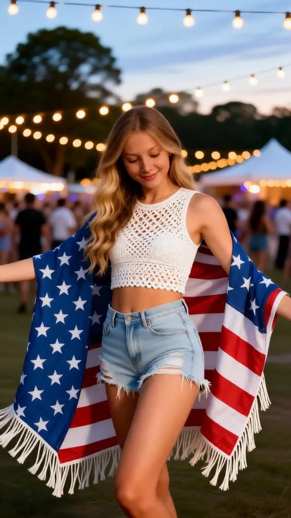 Woman dancing in an American flag-inspired festival outfit.