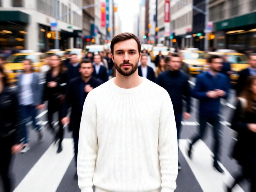 A man in a crosswalk surrounded by blurred people.