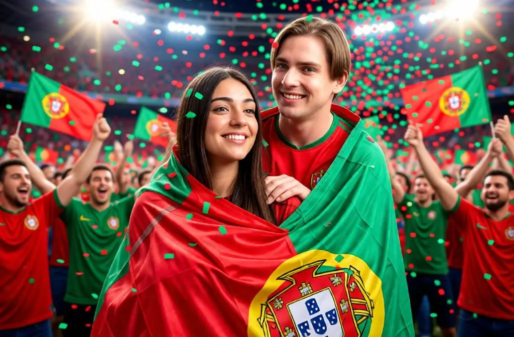 Portugal fan couple celebrating in a football stadium.