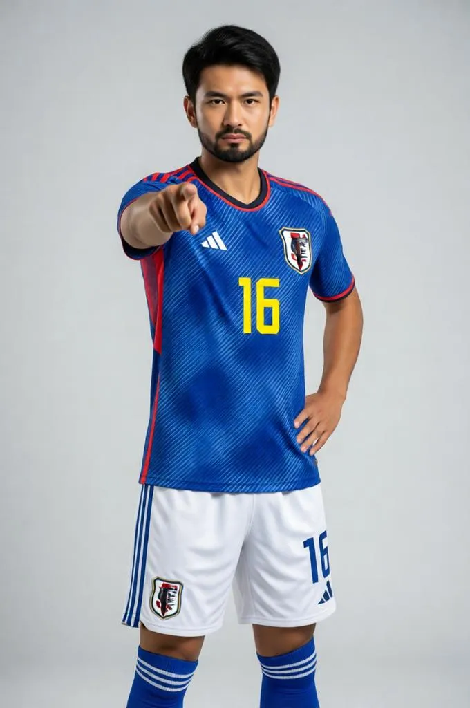 Japanese footballer pointing at the camera in a studio portrait.