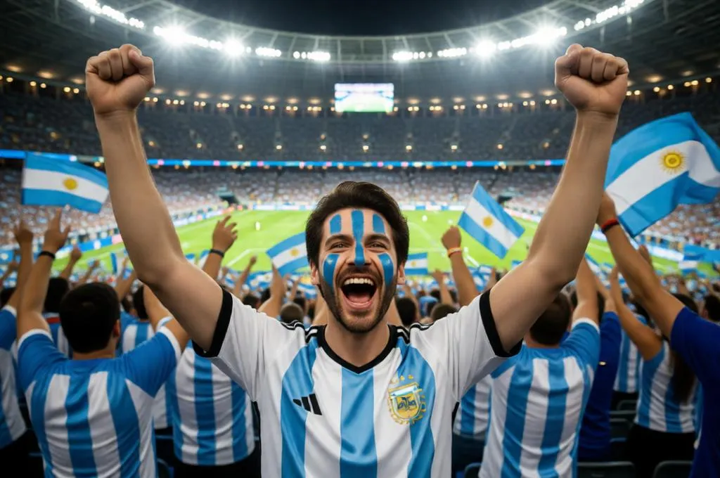 Argentina supporter cheering from the stands during a packed World Cup match.