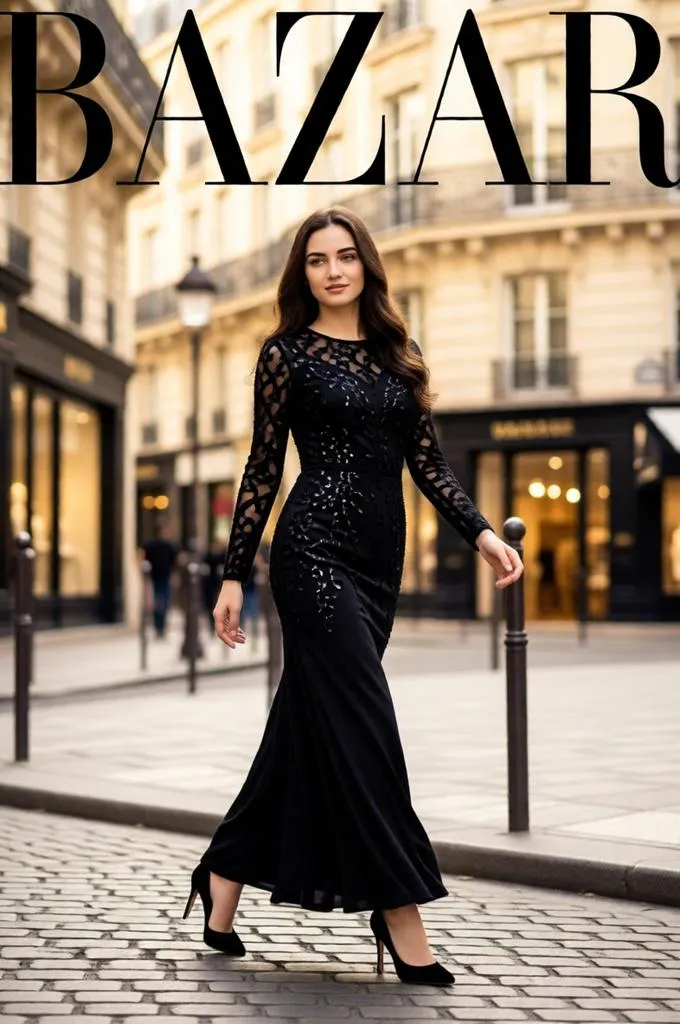 Woman in a black couture dress walking elegantly along a Parisian street lined with luxury boutiques and historic architecture.