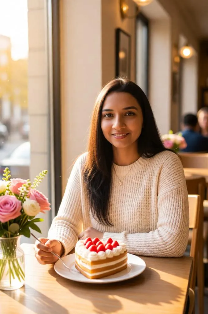 A cozy birthday celebration by a café window with a heart-shaped strawberry cake and warm afternoon sunlight.