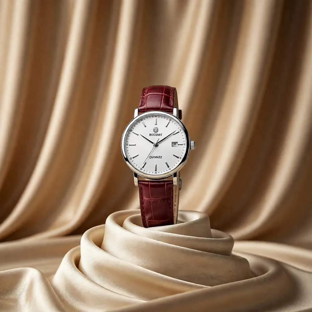 Elegant watch resting atop sculpted white silk folds resembling flowing waves, photographed in a clean luxury studio setting.