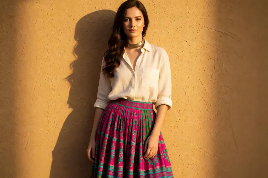 Woman in a bohemian maxi skirt and cream shirt portrait