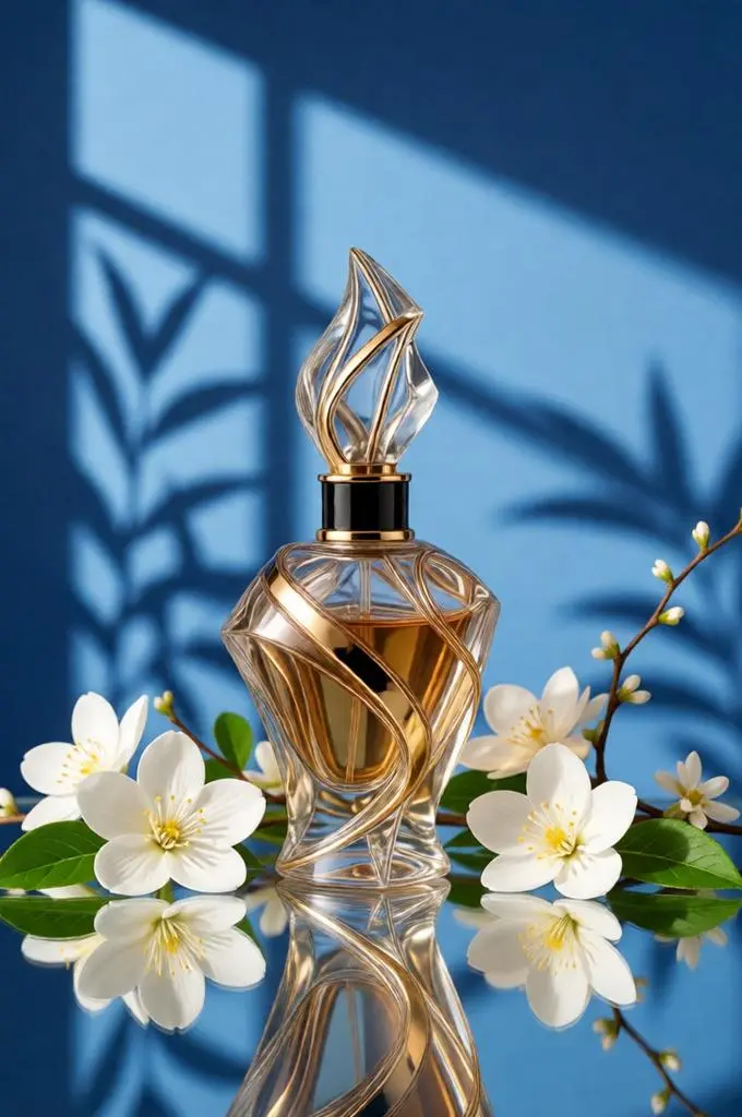 Perfume bottle surrounded by white flowers and green leaves on a reflective surface with a blue botanical background.