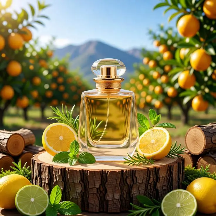 Perfume bottle in a citrus orchard surrounded by lemons, limes, mint leaves, and natural sunlight.