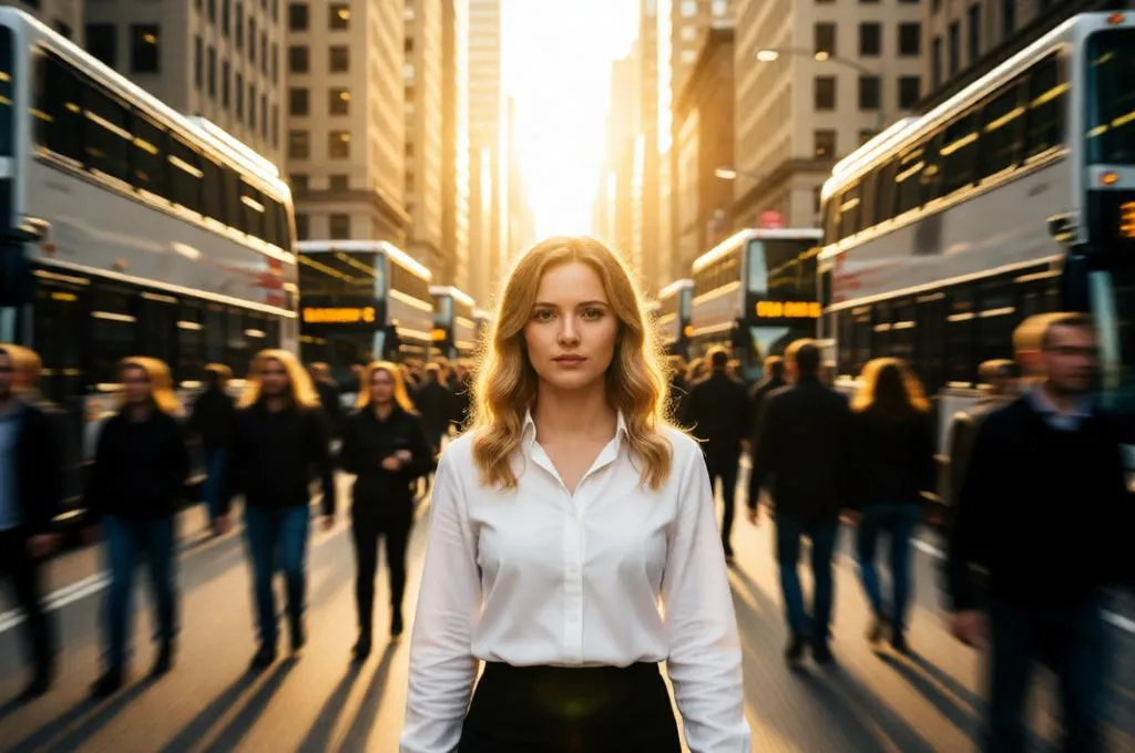 A woman walking through a motion-blurred city.
