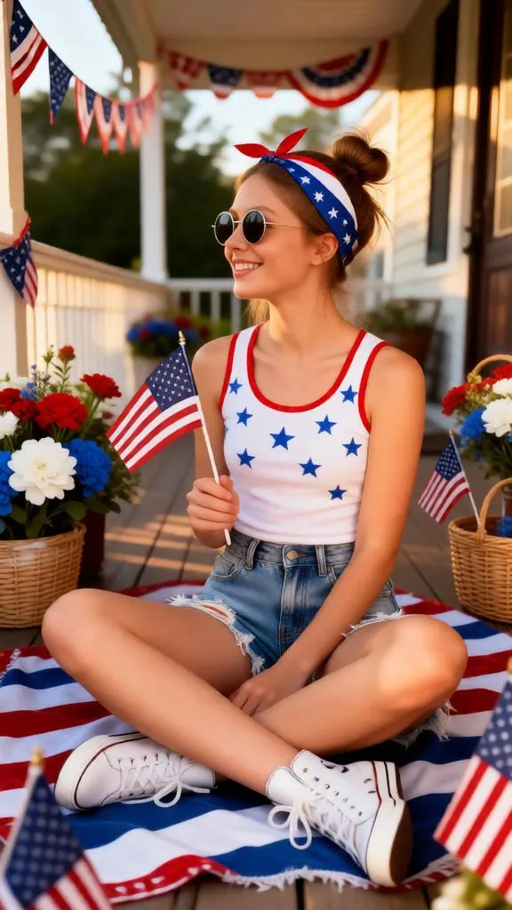 Woman relaxing on a festively decorated Independence Day porch.