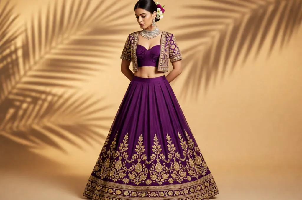 Woman in royal purple embroidered lehenga with gold detailing.