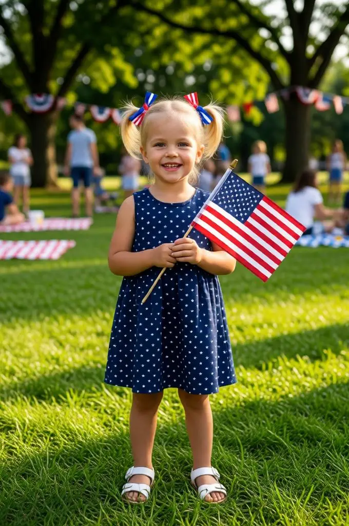 Toddler girl holding a small American flag in a park.
