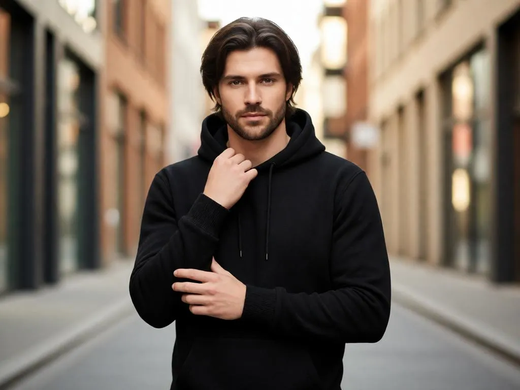 Man wearing a premium black hoodie in a streetwear portrait.