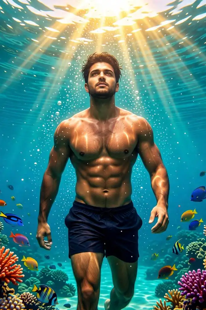 Athletic man walking through a tropical ocean.