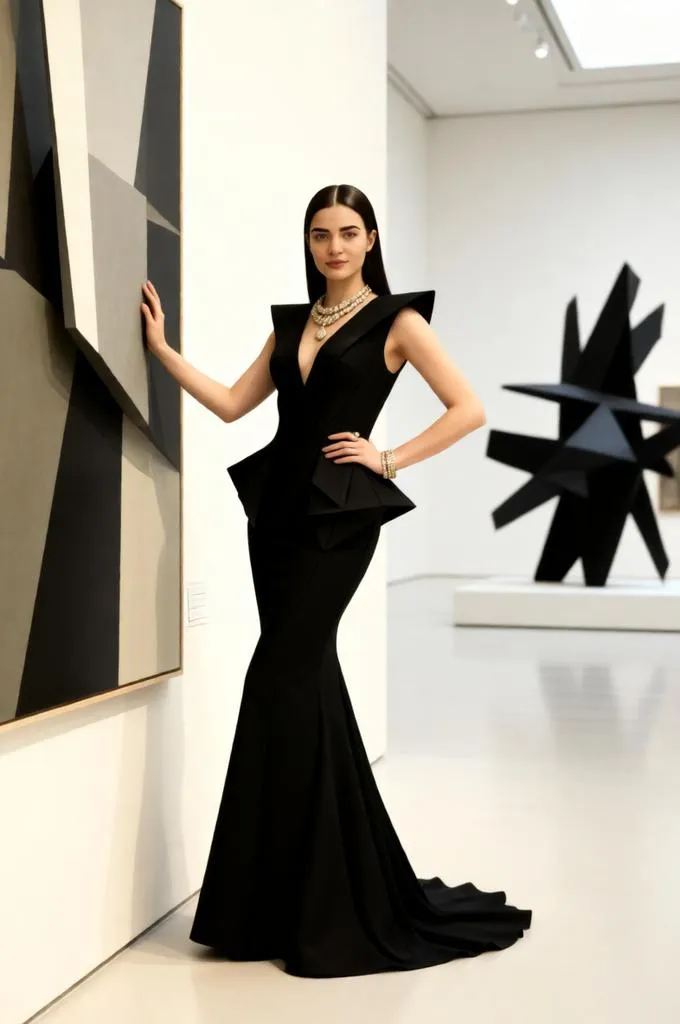 Woman in a sculptural designer gown posing beside contemporary artwork inside a minimalist modern art museum.