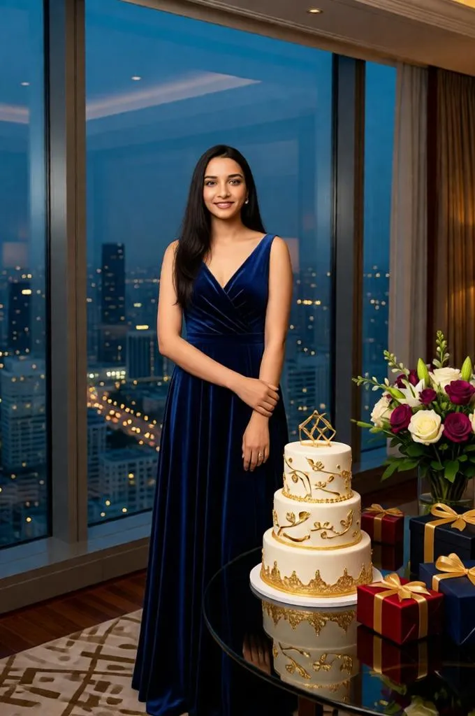 A luxury hotel suite birthday celebration with city views, designer cake, fresh flowers, and an elegant evening look.