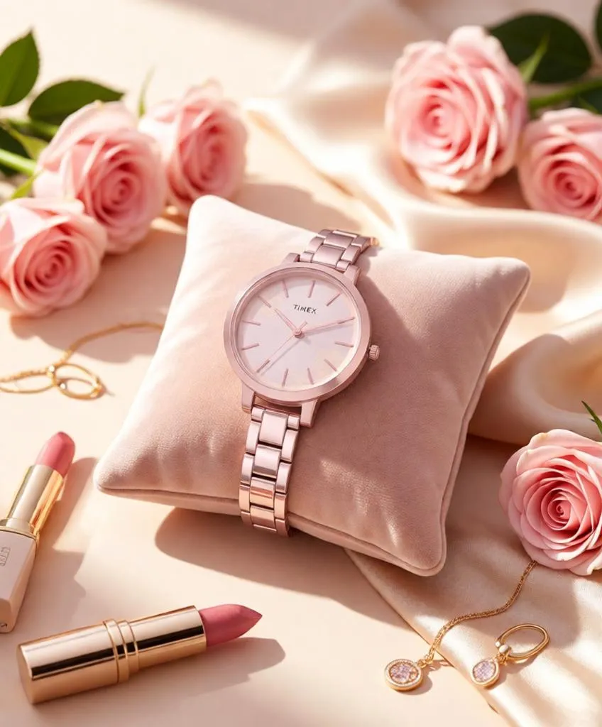 Feminine luxury watch styled with blush roses, silk fabric, lipstick, and rose-gold accessories in a soft fashion-inspired flat lay.