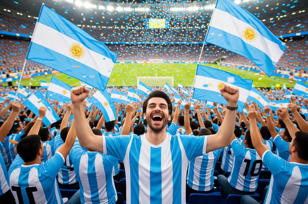 Argentina fan celebrating a crucial goal among cheering supporters and waving flags.
