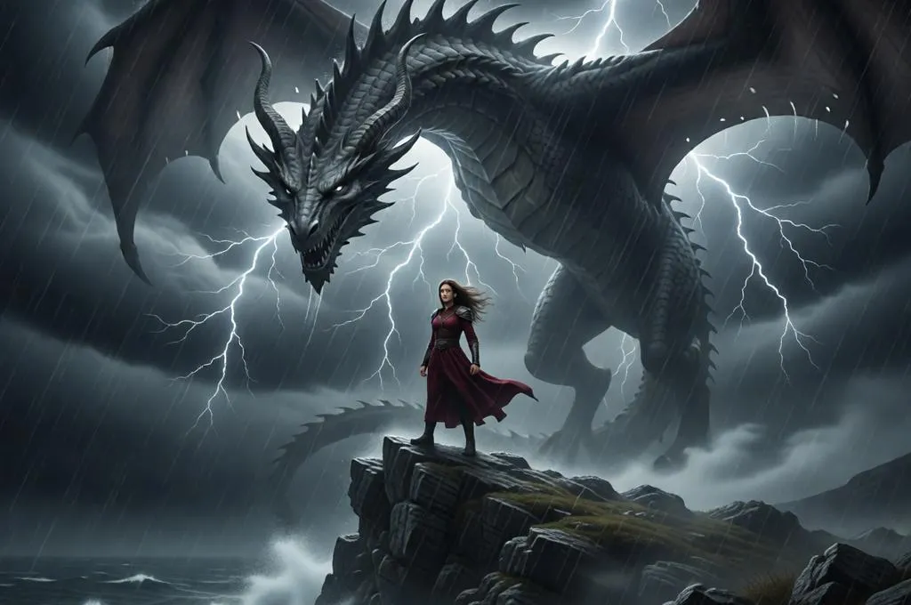 A powerful figure faces a raging storm while an enormous dragon emerges from thunderclouds illuminated by lightning.