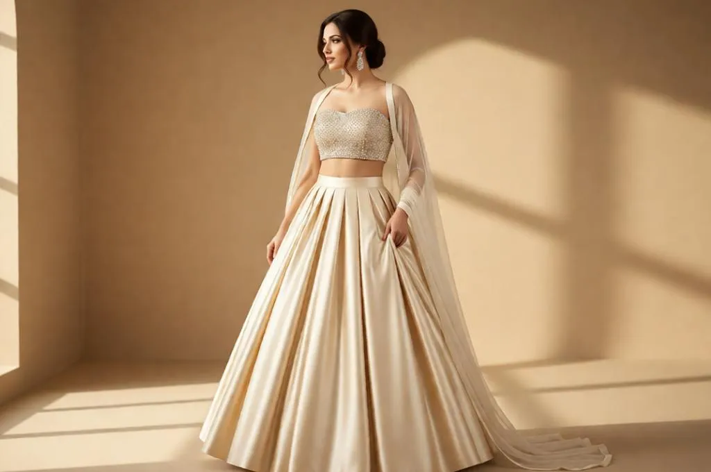 Woman in a champagne bridal lehenga with a flowing dupatta.