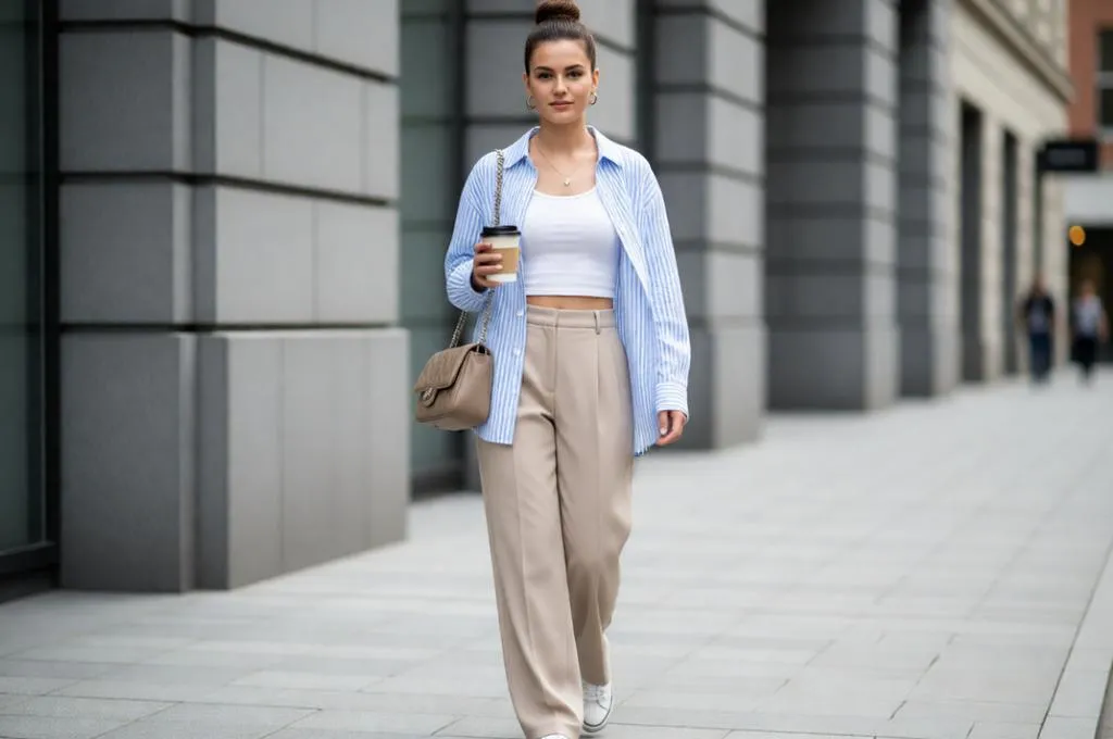 Woman in striped shirt and beige trousers with coffee cup.