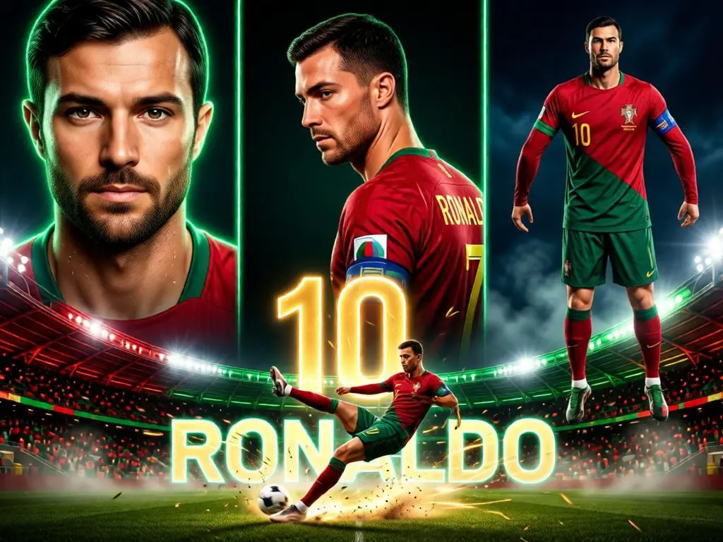 Portugal football player poster with stadium lights and an action scene.