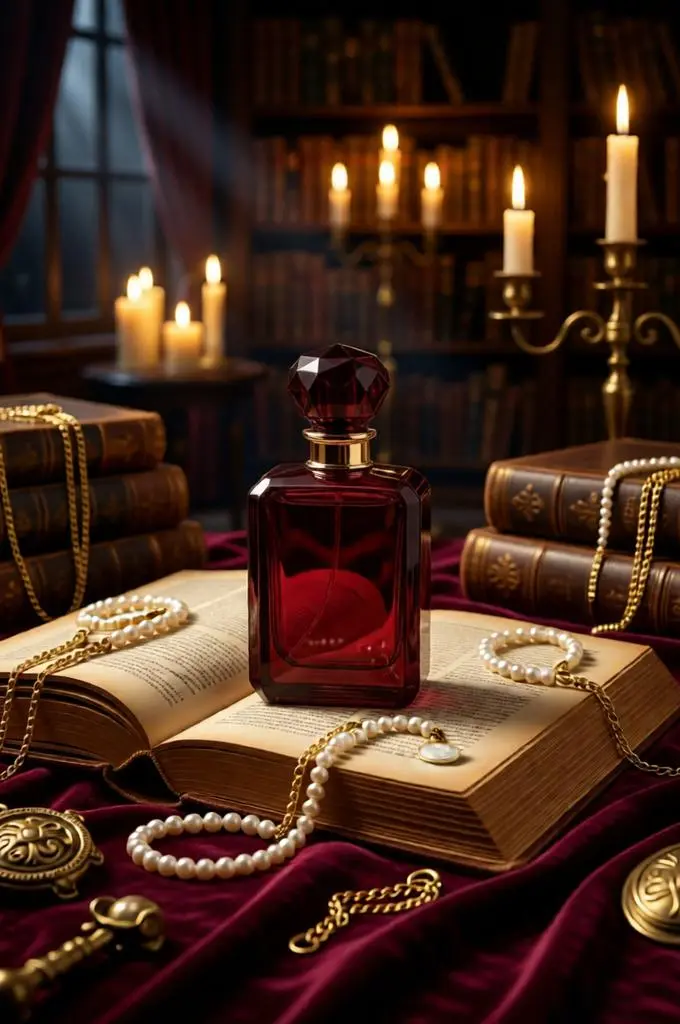 Perfume bottle on a vintage book inside a candlelit library with pearls and antique accessories.