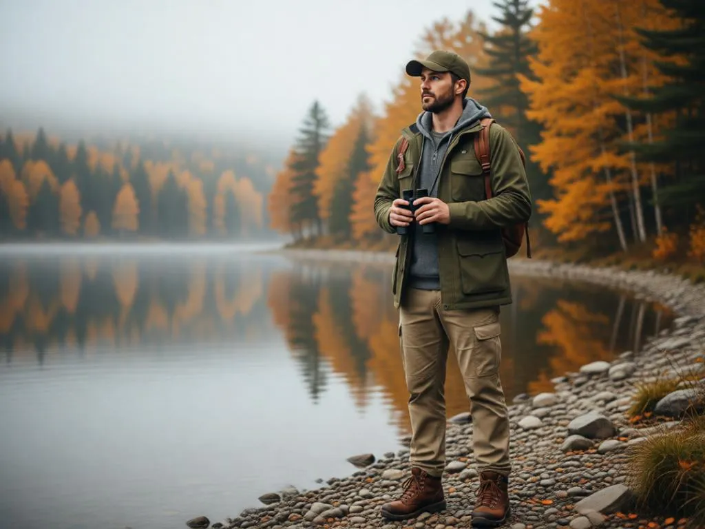 Outdoor adventurer in a field jacket beside a forest lake.