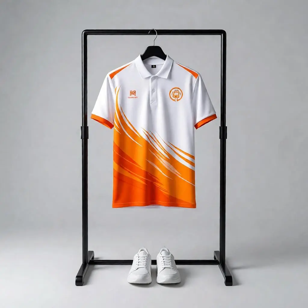 Custom polo jersey mockup hanging on a black hanger with matching white sports shoes on a light-gray background.