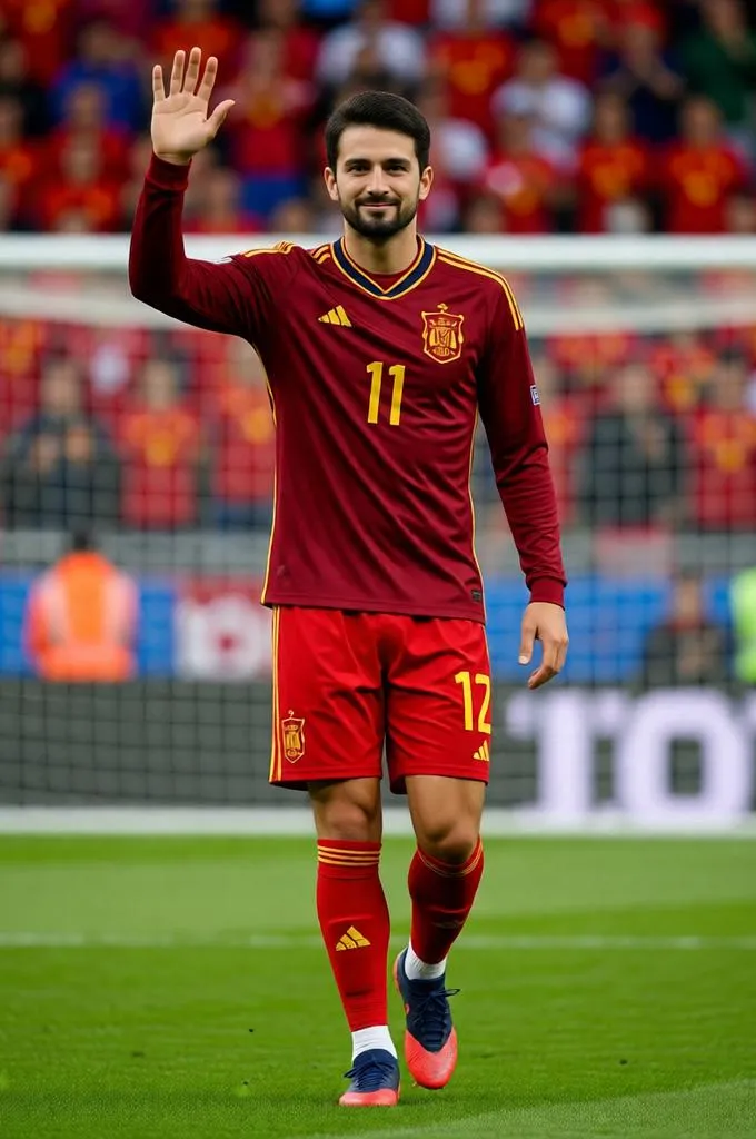 Spanish footballer waving while walking across a football pitch.