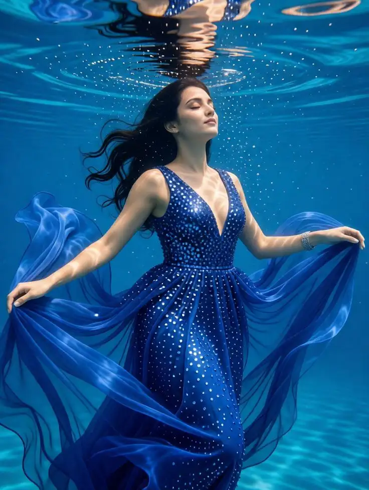 A woman in a royal blue gown is floating underwater.