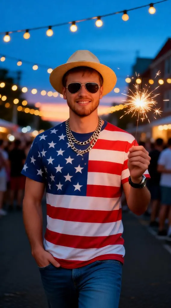 Man holding a sparkler at a 4th of July evening event.