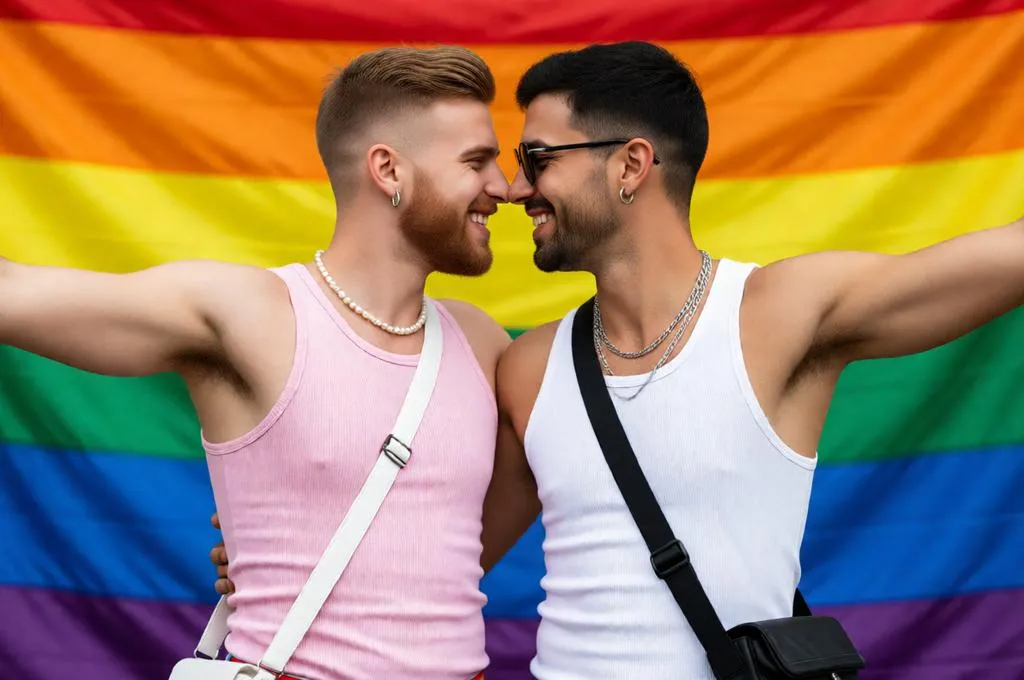 Two men posing affectionately in front of a rainbow flag.