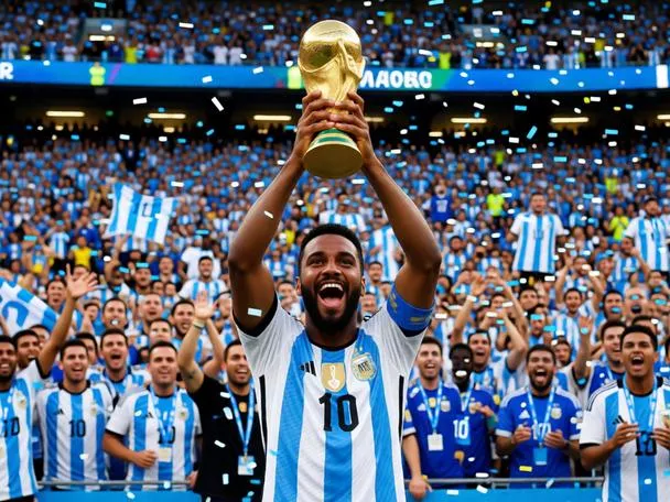 Person lifting the FIFA World Cup trophy while celebrating with Argentina players.