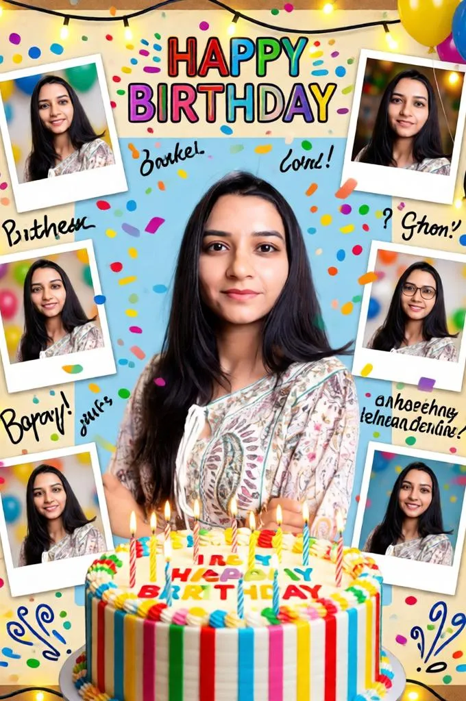 A scrapbook-style birthday collage featuring polaroid photos, doodles, confetti, fairy lights, and festive decorations.