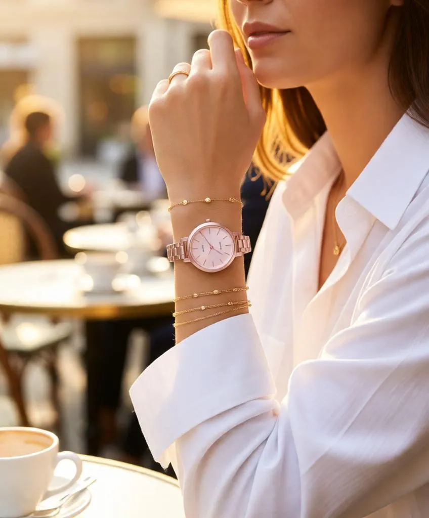 Sophisticated woman at an outdoor café showcasing a luxury watch with layered gold jewelry in warm morning sunlight.