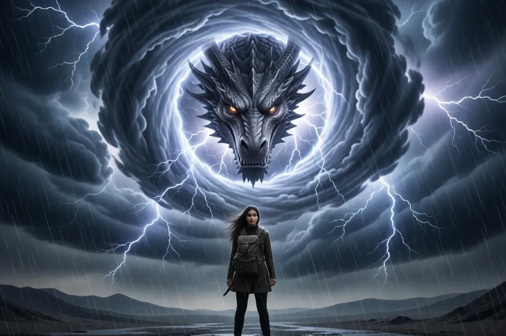 A mysterious traveler stands beneath a swirling storm vortex where a giant dragon face appears within the eye of the storm.